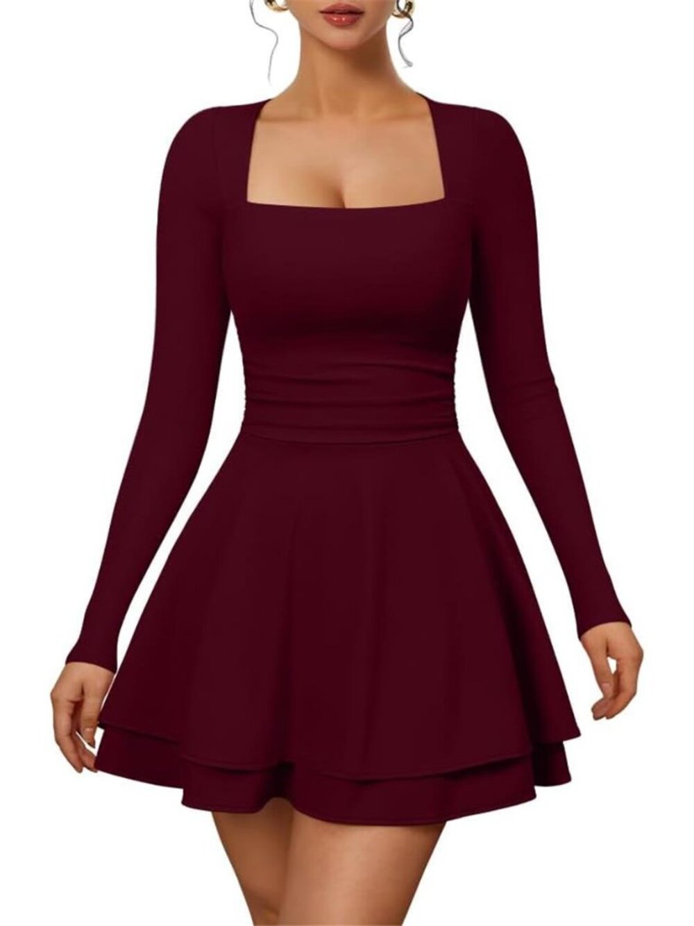 XXTAXN Womens Sexy Long Sleeve Square Neck Flowy Hem Mini Dress